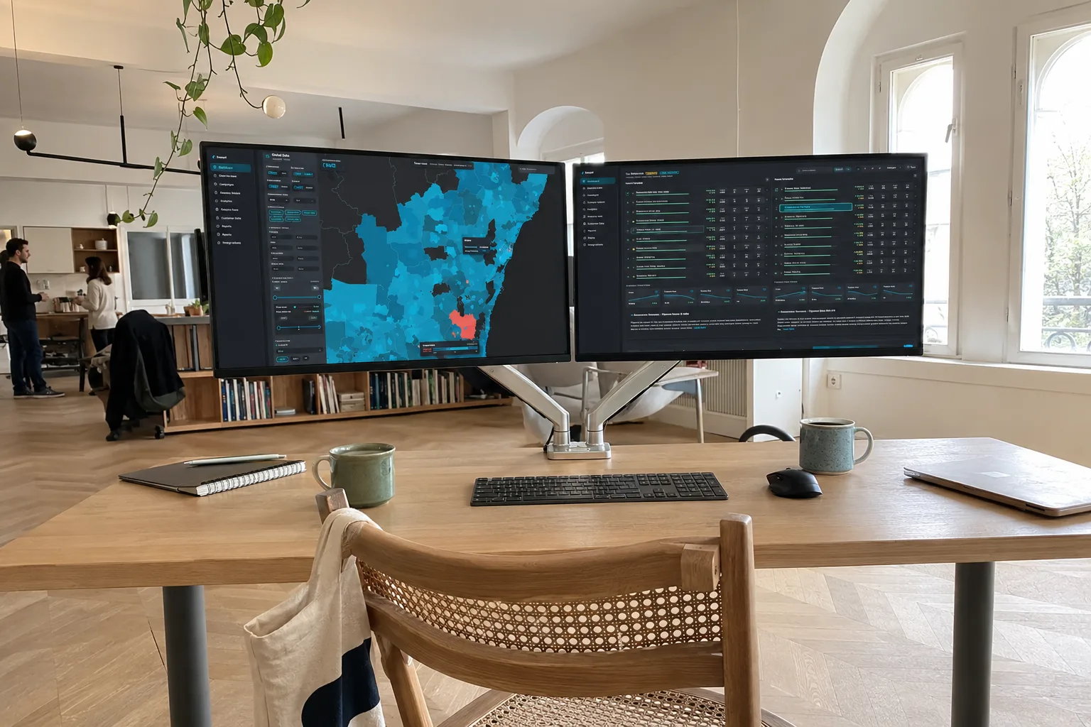 Crystal market map and predictions on dual monitors at an empty workstation